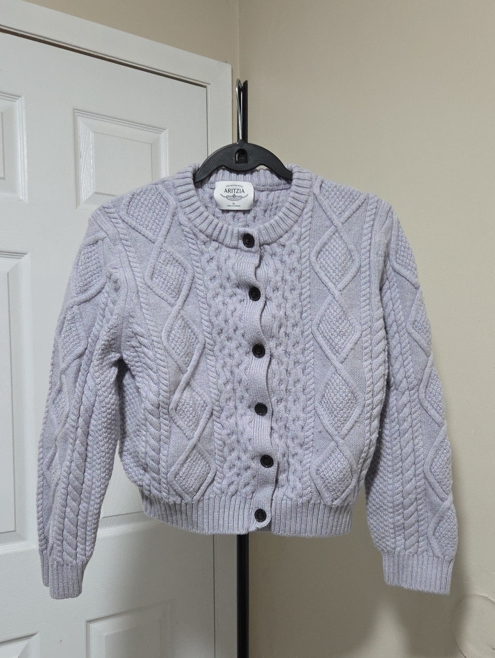 Aritzia 100% Marino Wool Lavender Cable Knit Button-Up Cardigan